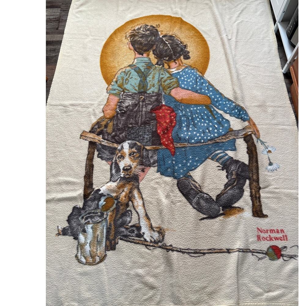 Norman Rockwell Puppy Love Little Spooners Blanket 59 x 79 Revert Spain Vintage